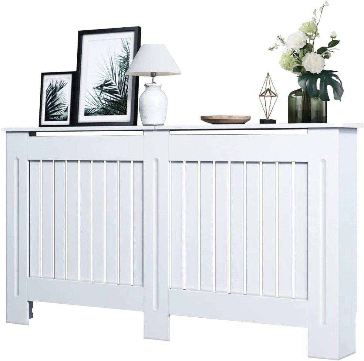 Moderne radiatorbekleding voor woonkamer en slaapkamer, wit gelakt, verticaal lamel