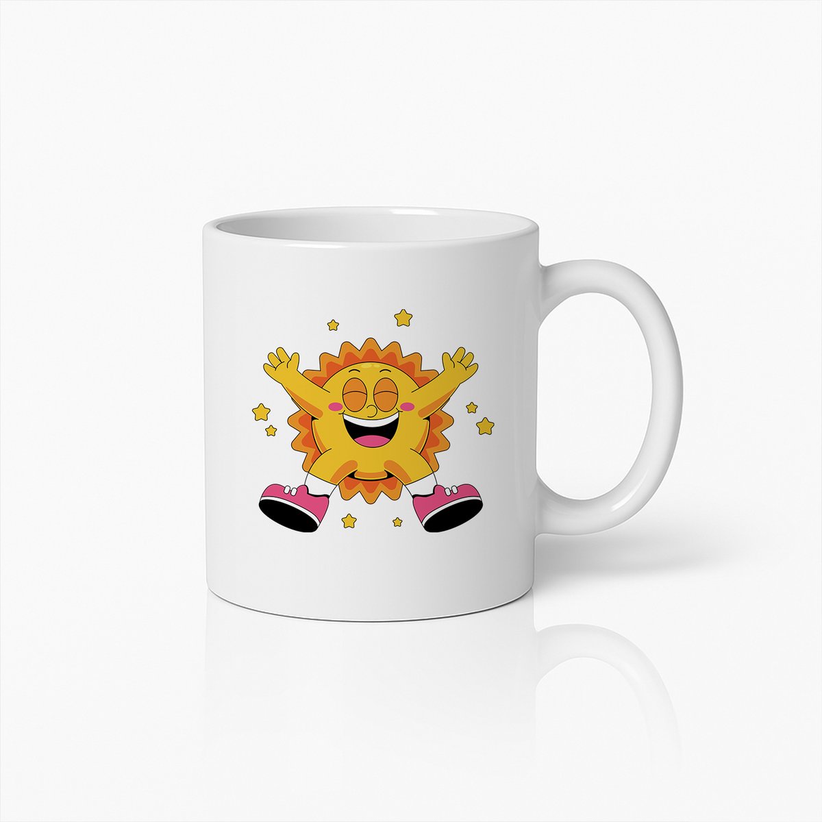 Blije Springende Zon Cartoon Mok – Vrolijk en Opbeurend Koffiebeker Cadeau