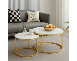 EleganceEssentials® Luxe Salontafel Set van 2 – Ronde Tafels Ø70 & Ø50 cm – Wit Marmerlook Steen Blad – Gouden Glazend Metalen Poten