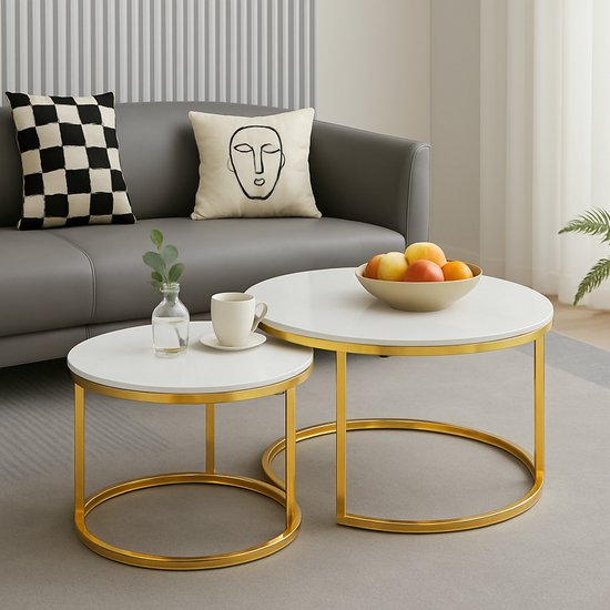 Set de tables basses de Luxe - Plateau en pierre aspect marbre brillant - Pieds dorés brillants - Tables basses rondes - Ø 70 et Ø 50 cm - Table d'appoint