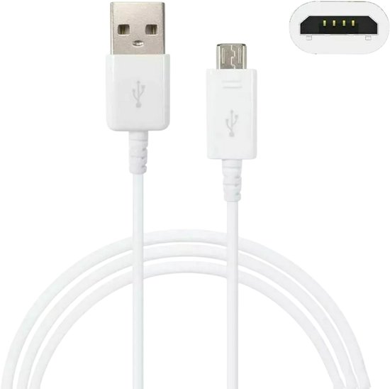 Câble USB-A vers Micro-USB blanc, avec un détail du connecteur Micro-USB.