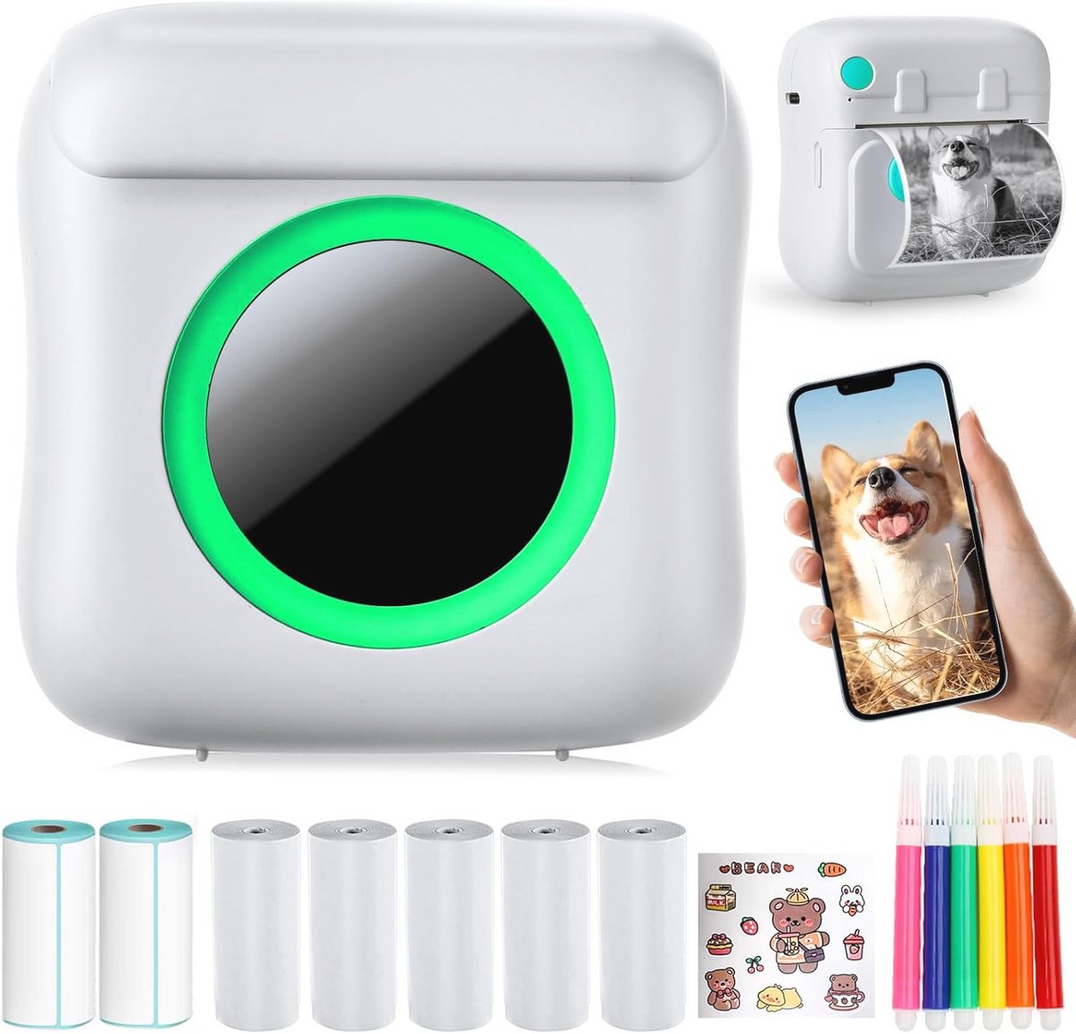Draagbare thermische fotoprinter zonder inkt - Bluetooth mini-printer met 7 rollen papier voor etiketten en foto's