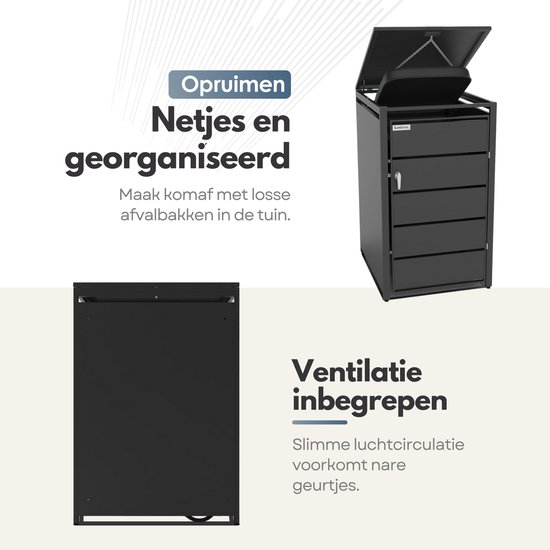 Zwarte containeropslagkast met open klapdeksel en een zijaanzicht van de gesloten kast. Tekst 'Ventilatie inbegrepen'.