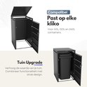 Zwarte containeropslagkast met open klapdeksel en open deuren, met een kliko erin. Tekst 'Compatibel Past op elke kliko'.