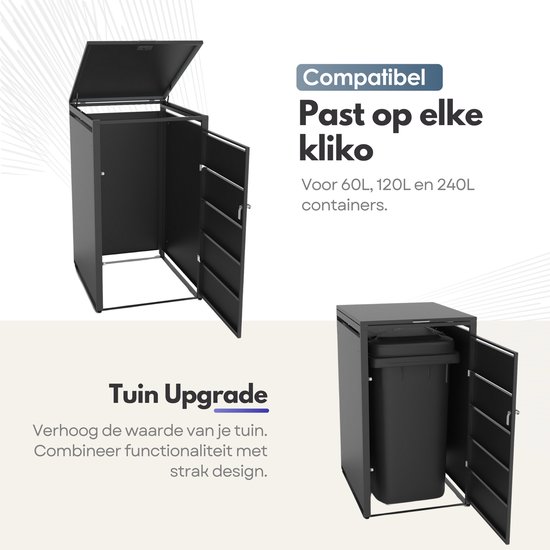 Zwarte containeropslagkast met open klapdeksel en open deuren, met een kliko erin. Tekst 'Compatibel Past op elke kliko'.