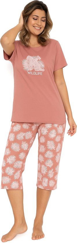 Dames Pyjama - Katoen - Zomer - 3/4 broek - Roze Wildlife - Maat S