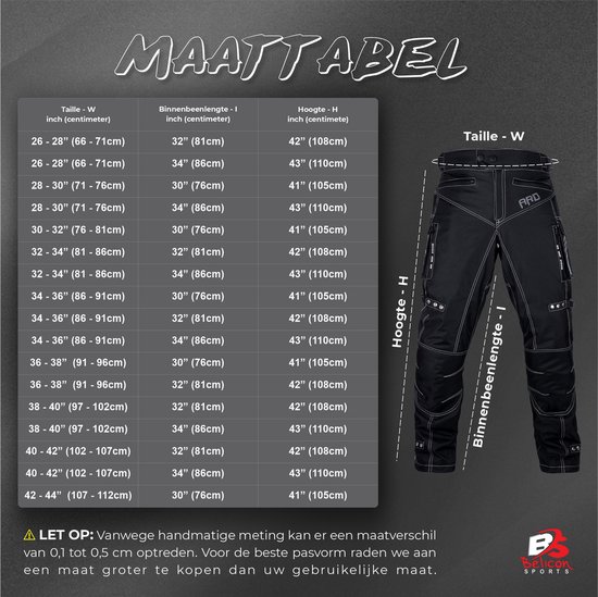 Maattabel van motorbroeken met maten in inches en centimeters voor taille, binnenbeenlengte en hoogte.