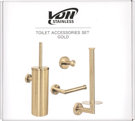 Verpakking met een VDN Stainless toiletaccessoireset in goudkleurig geborsteld RVS.