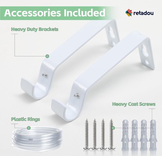 Retadou - Tringle à rideaux, 16 mm, tringle à rideaux, blanc mat, 76 - 117 cm, tringle à rideaux, extensible, tringle à rideaux, fixation murale, avec supports et embouts pour rideaux occultants, rideaux d'extérieur