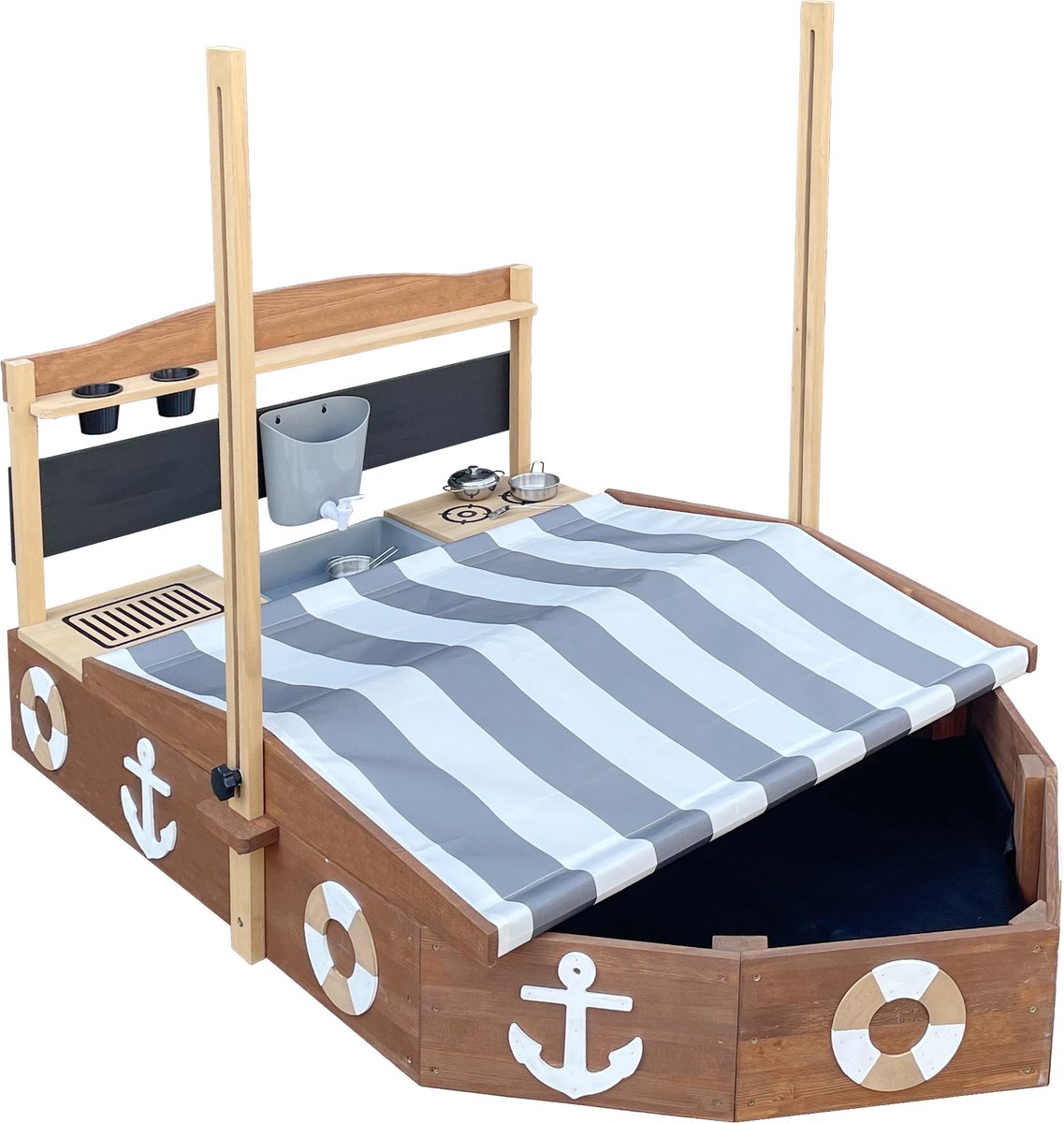 AXI Dora Boot zandbak met speelkeuken en dak (UV50) 160 x 100 cm Antraciet/bruin – Met krijtbord en opbergruimte - Inclusief gronddoek - 10 jaar garantie! — afbeelding 3