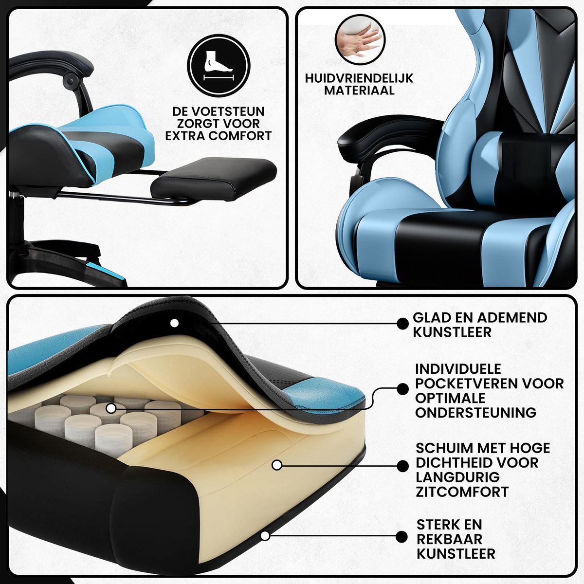 Bayt Gamestoel - Gaming chair - Gamingstoel - Comfort gamer stoel - Zwart en Lichtblauw – foto 5