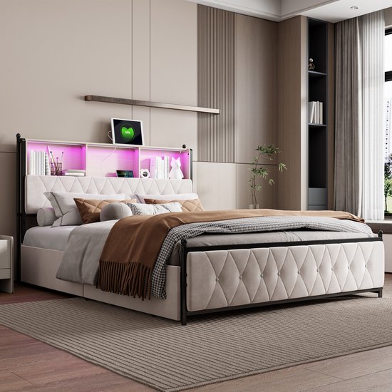 Elegant Gestoffeerd Bed 180 X 200 Cm Met Grote Rugleuning, Bekleed Met Fluweel Met Led En Usb Aansluiting Grijs