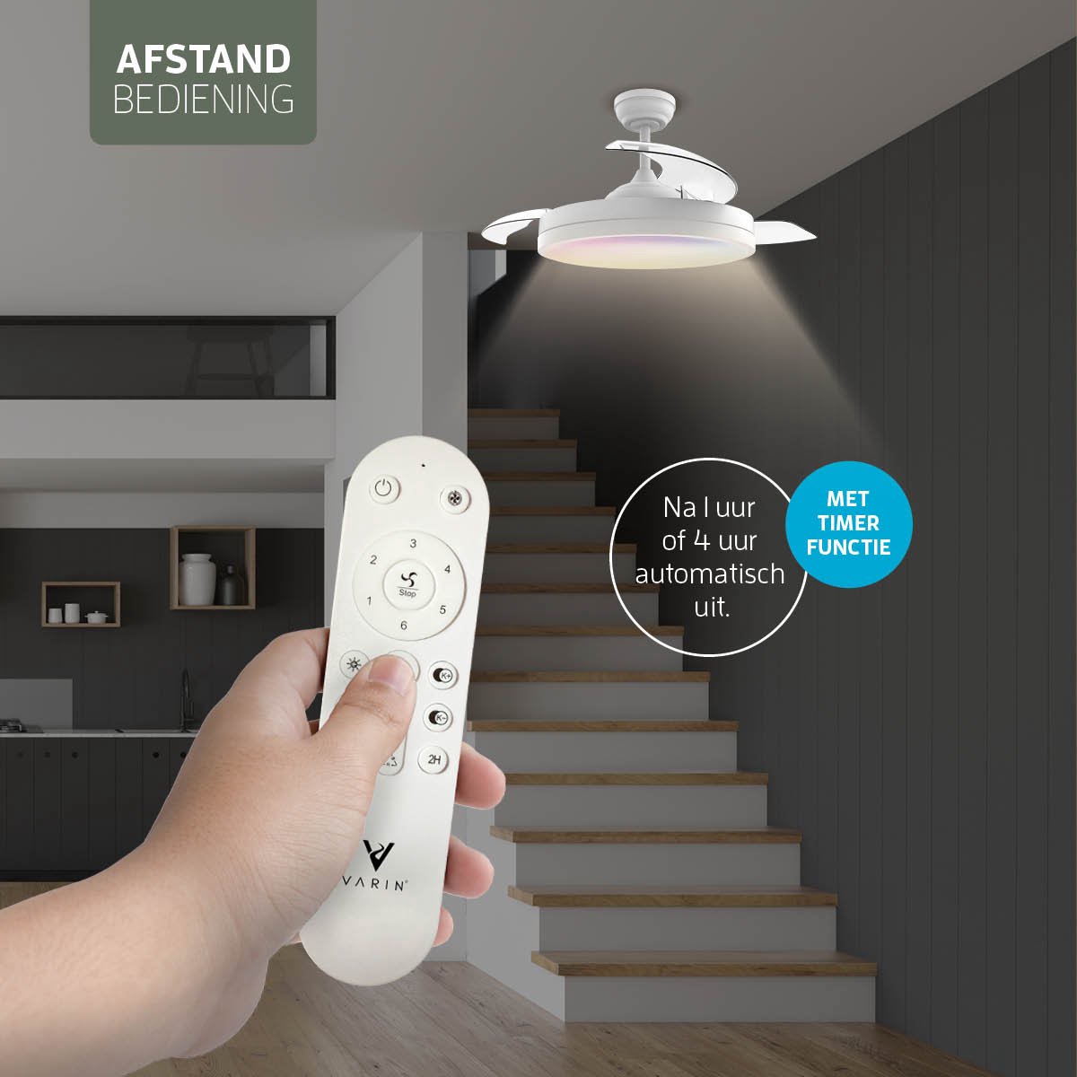 Varin® Smart Plafondventilator met verlichting - Wit - Tuya Wifi - LED 36W RGBW - Ø 50cm/108cm - Super stil - Smart lamp - Plafondlamp slaapkamer - Plafonniere woonkamer - Plafondlampen - Plafond lamp - Verlichting kinderkamer - Ventilator thumbnail 4