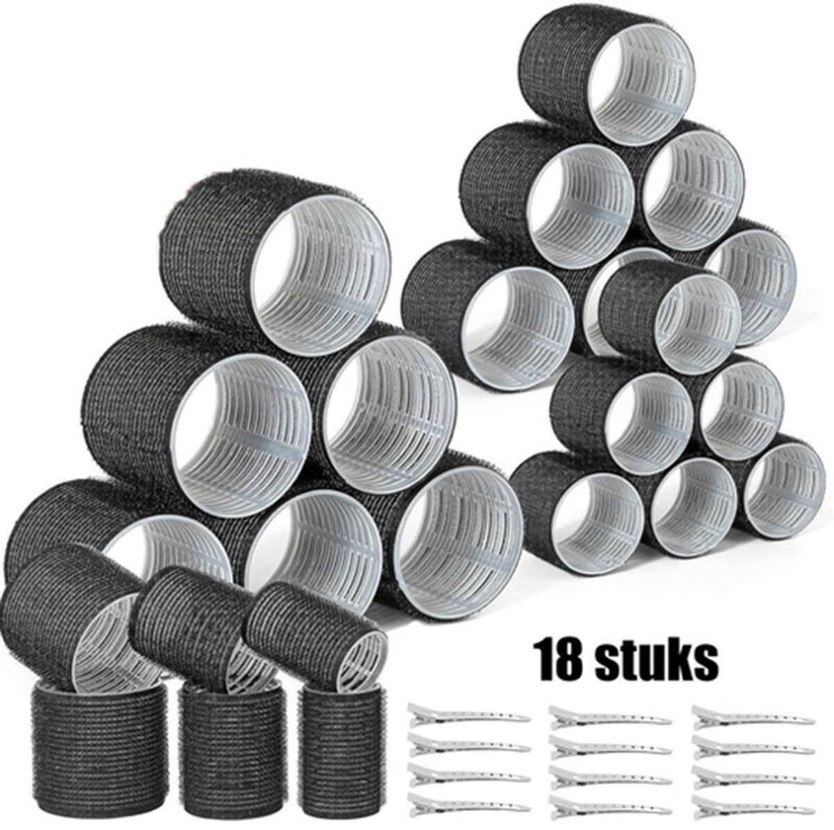 Krulspelden Rollers voor Heatless Curls - Haar rollers & Haarklemmen - Haarrollers met Haarnetje - Kleefroller - Haarkruller - Krulspelden - zwarte krulspelden - zelfklevende haarrollers - 18 stuks
