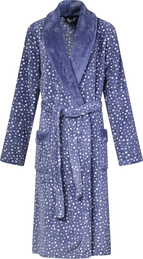 Lunatex - dames badjas - luxe coral fleece - blue white dot - maat S/M