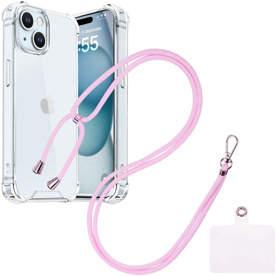 Coque antichoc transparente pour iPhone 15 avec cordon universel rose clair - Housse - Tour de cou - Housse pour cordon