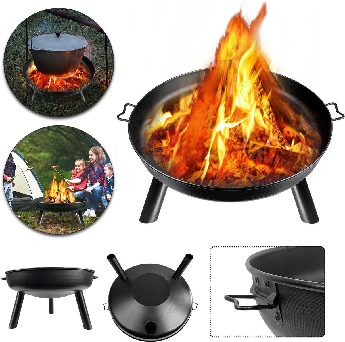 Ø80cm vuurkorf met handvat metalen vuurschalen, kampvuurschaal met 3 afneembare poten, stalen vuurplaats voor BBQ buiten terras tuin balkon camping