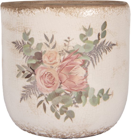 Crèmekleurige keramieken bloempot met gebarsten effect en roze bloemen- en eucalyptusprint. Bruine rand.