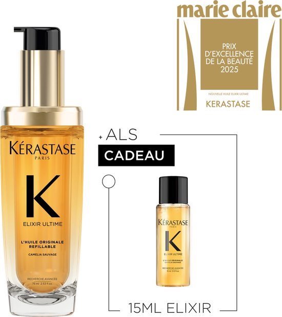 Kérastase Elixir Ultime L'Huile Originale Navulbare Haarolie + Cadeau - Elixir Ultime Olie 75ml + Elixir Ultime 15ml Cadeau - Met Camelia & Arganolie, Voor Intense Voeding, Glans, Anti-frizz & Hittebescherming, Voor Elk Haartype