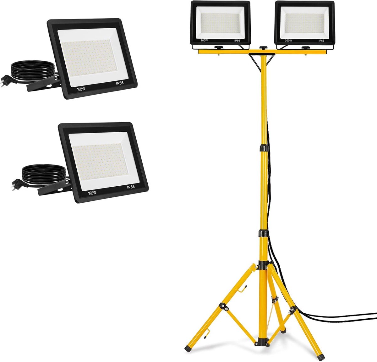 Aufun LED Bouwlamp Koud Witte 2x200W Bouwschijnwerper met Statief Dubbele Schijnwerper LED Schijnwerper Schijnwerper incl. 3M Kabel, Werklamp voor Garage, Tuin, Bouwplaats