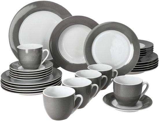 MamboCat Pula geel 12-delig tafelservies, wit porseleinen servies met stippen voor 6 personen, 6 x soepborden en 6 x platte borden voor ontbijt, lunch en avondbrood