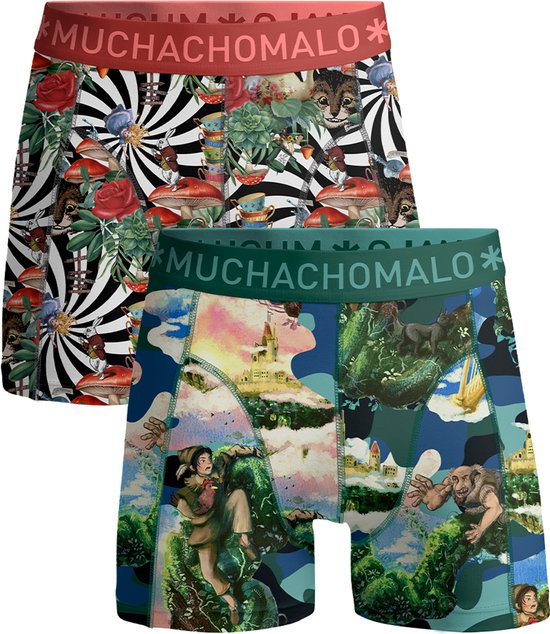 Veelkleurige Muchachomalo boxershorts met patronen van paddenstoelen, bloemen en dieren.