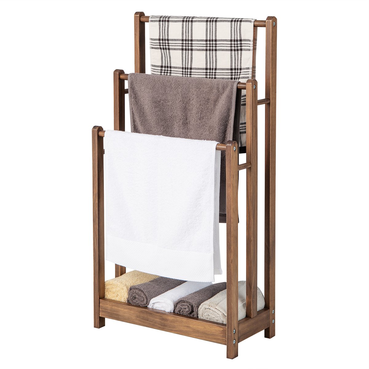 COSTWAY Handdoekenrek vrijstaand, handdoekhouder hout met 3 handdoekstangen & onderste plank & kantelbeveiliging, droogrek bruin voor badkamer, hotels (bruin)