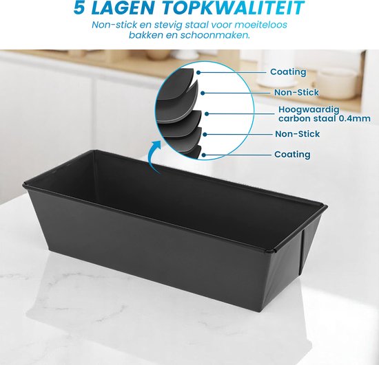Donkergrijze bakvorm met een close-up van de vijf lagen van de non-stick coating.