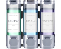 3-in-1 Wandmontage Zeepdispenser – Shampoo & Douchegel Verdeler zonder Boren – 3 x 300ml Reservoirs met Labels – Voor Badkamer, Hotel, Spa – Zilver