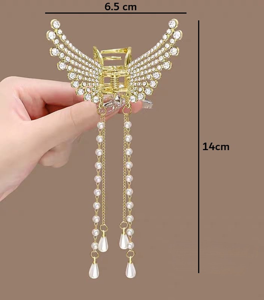 Sylian - Luxe Gouden Haarklem met Kristallen en Hangende Parels – 14 cm Haaraccesoires - Haarclip