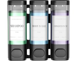 3-in-1 Wandmontage Zeepdispenser – Shampoo & Douchegel Verdeler zonder Boren – 3 x 300ml Reservoirs met Labels – Voor Badkamer, Hotel, Spa – Grijs