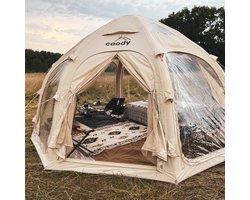 Coody 17.6 AURORA DOME - Air Tent - Opblaasbare glamping tent - 4–6 persoons - 19,6 m² - TC-stof (35% katoen, 65% polyester) - PU3000 mm waterdicht - Ademend en sterk - AAA+ schimmelbestendigheid - Brandwerend PVC - Sand/Beige