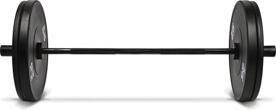 Zwarte halterstang met twee zwarte 10 kg bumper plates aan elke kant.