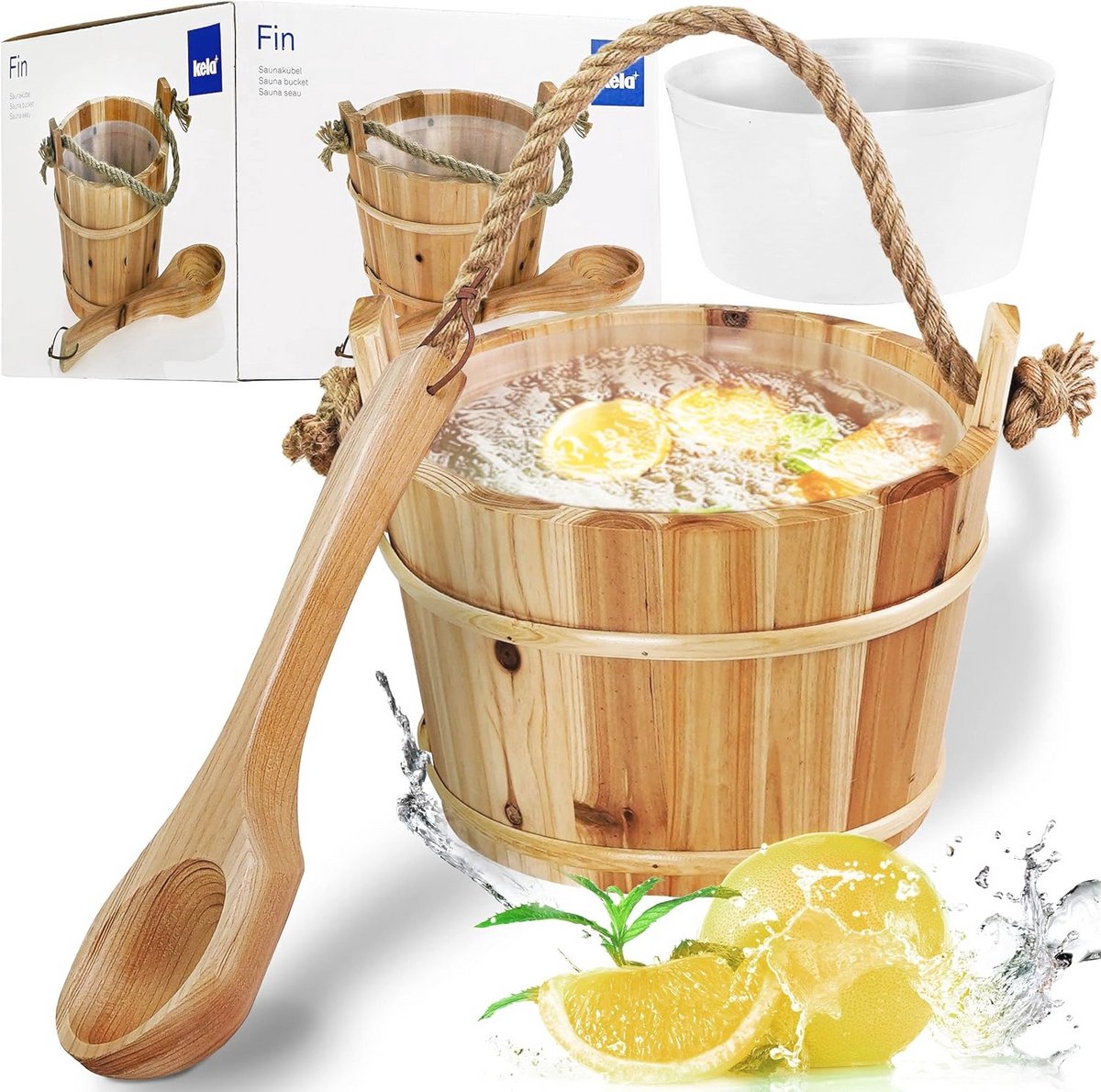Sauna emmer 26 cm met houten inzetstuk en kunststof troffel