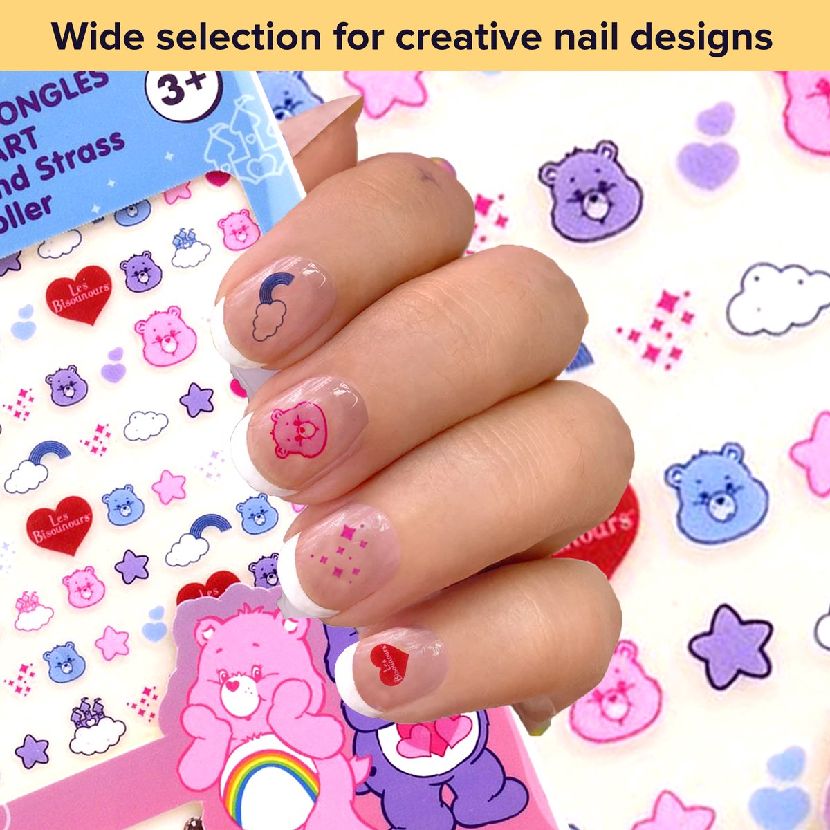 Les Bisounours Nagelstickers - Voor Kinderen - Set van 72 Stickers + 24 Steentjes - Officieel Gelicentieerd