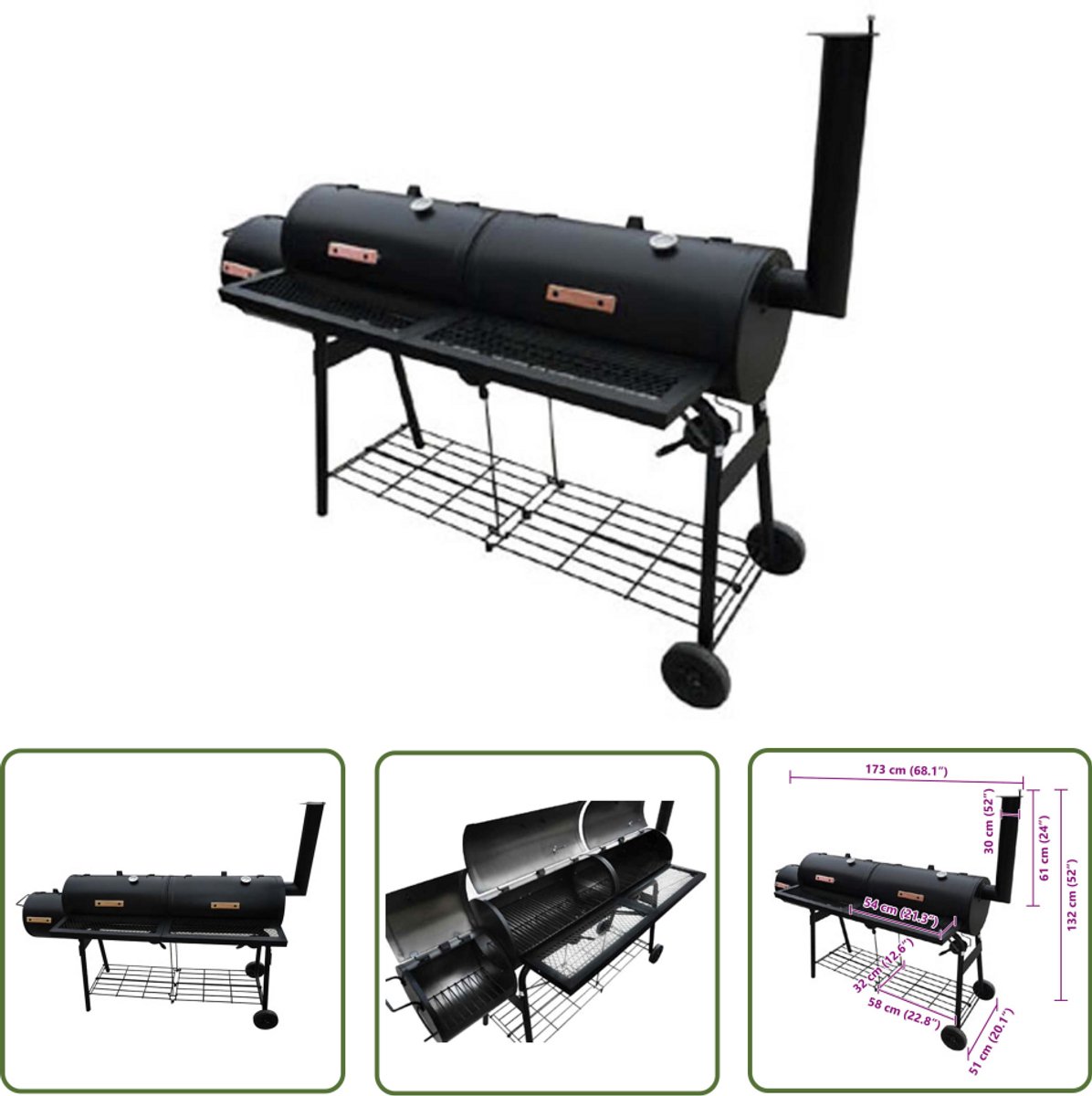 The Living Store Rookoven Nevada - BBQ en rookoven voor grillen - roken en roosteren - Met vuurbox en 2 rookkamers - 173x51x132 cm