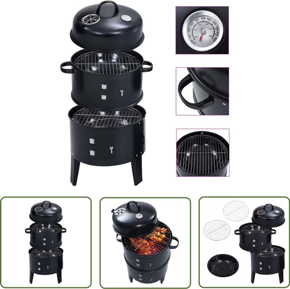 The Living Store Rookoven barbecue-grill - 40 x 80 cm - 3-in-1 - Zwart - Staal - Met thermometer