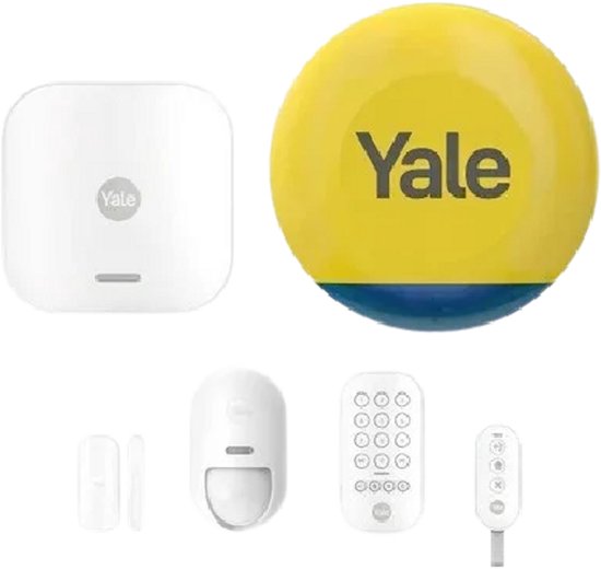 Set van Yale alarmsysteemcomponenten: hub, sirene, deur/raam sensor, bewegingsmelder, keypad en afstandsbediening.