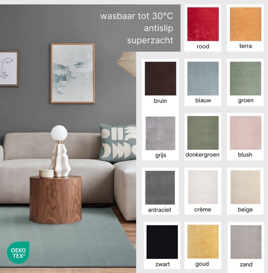 Tapis pour le salon ou la chambre à coucher en vert 60x110 cm | Tapis moderne et doux à poils courts | Rectangulaire | Dessous antidérapant | Lavable jusqu'à 30 degrés | Dos pour la chambre à coucher ou le salon | Tapis RELAX de The Carpet