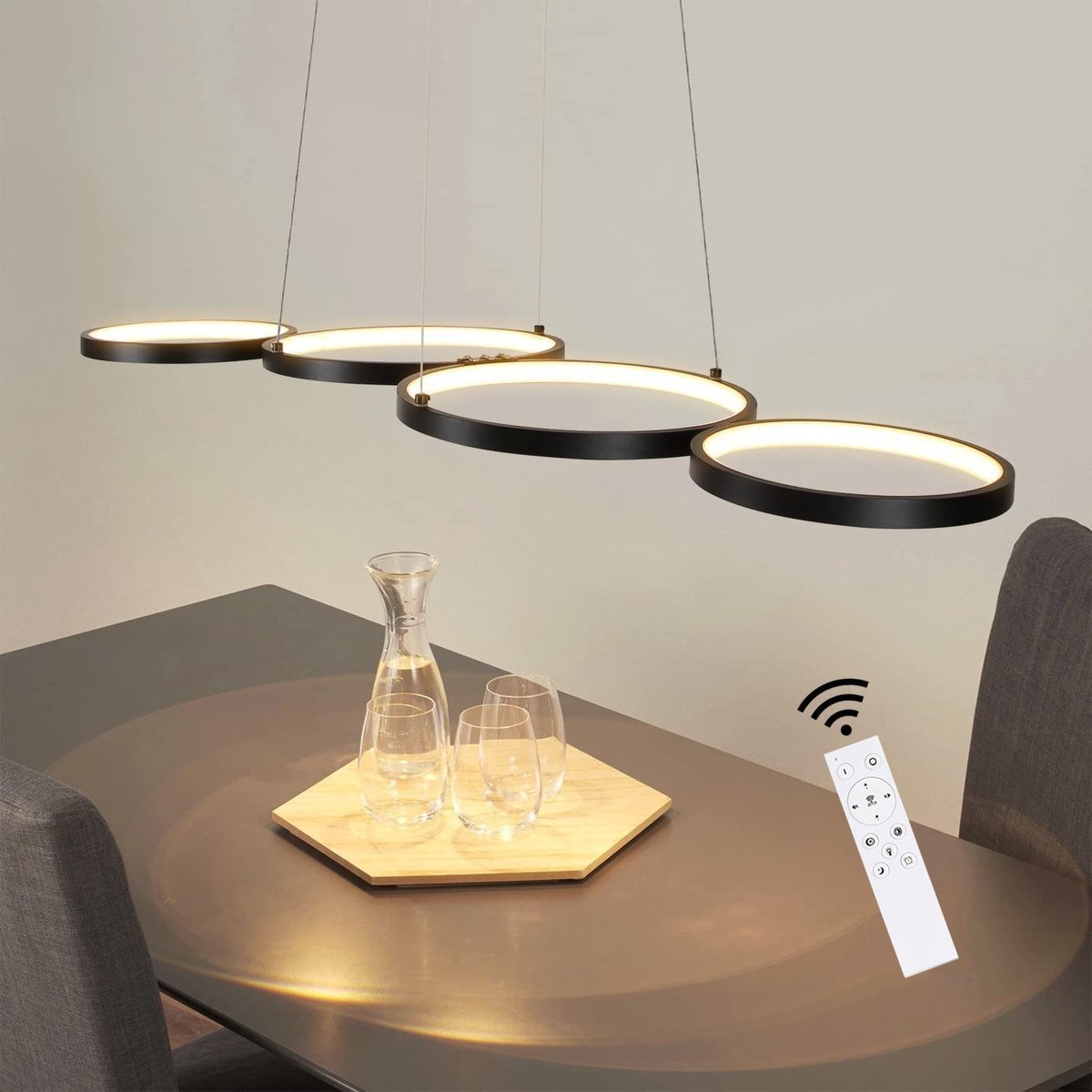 NETTLIFE LED Hanglamp - zwart - 4 lichts - dimbaar met afstandsbediening - eettafel lamp met ring Ontwerp - in hoogte verstelbare hanglamp - voor woonkamer | slaapkamer | keuken