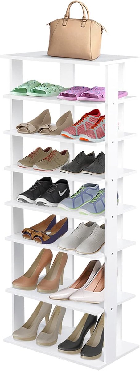 COSTWAY Schoenenrek met 8 niveaus, in hoogte verstelbaar, ruimtebesparend schoenenrek van hout, schoenenorganizer, verticaal, vrijstaand hoekrek voor ingang, hal, wit, dubbel, JZ10098/ HW66076