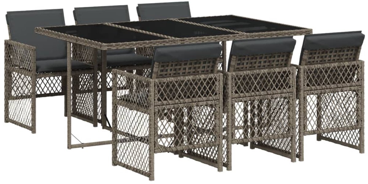 Poly rattan grijze tuinset met kussens en loungeset voor buitendiner.