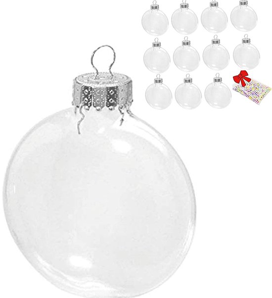 Set van 12 transparante, ronde kerstballen van 8 cm, met zilverkleurige ophanging.