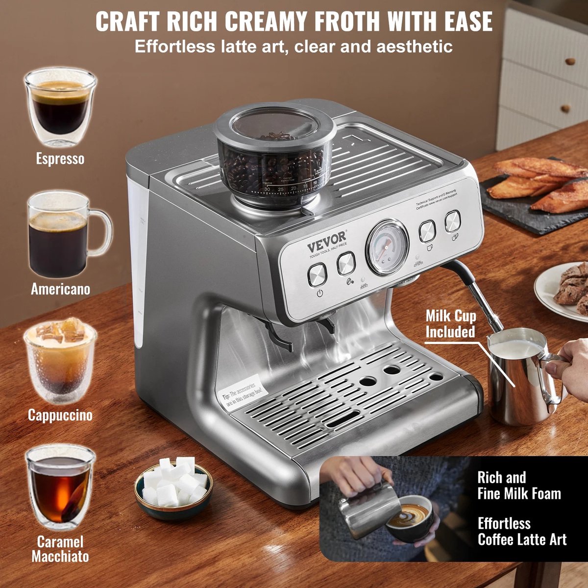 Afbeelding 3 van NÁMI Koffiemachine Met Bonen - Espressomachine Met Molen - Halfautomatisch Espressomachine van 15 bar Met Melkopschuimer