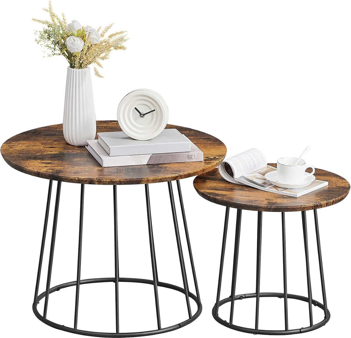 Furnstar Salontafel - Set van 2 - Ronde Bijzettafels - Modern Design - Stalen Frame - Vintage Bruin - Voor Woonkamer en Slaapkamer - LCT045K01