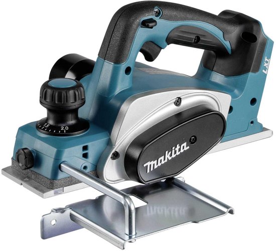 Turquoise Makita schaafmachine met een metalen steun.