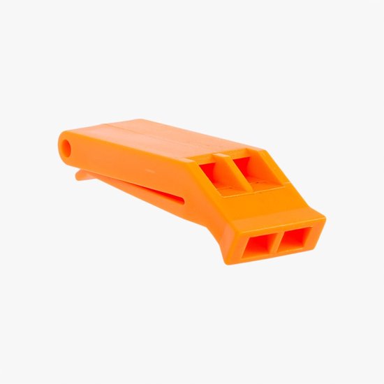 Feloranje fluitje met twee openingen aan de voorkant en een oogje aan de achterkant.