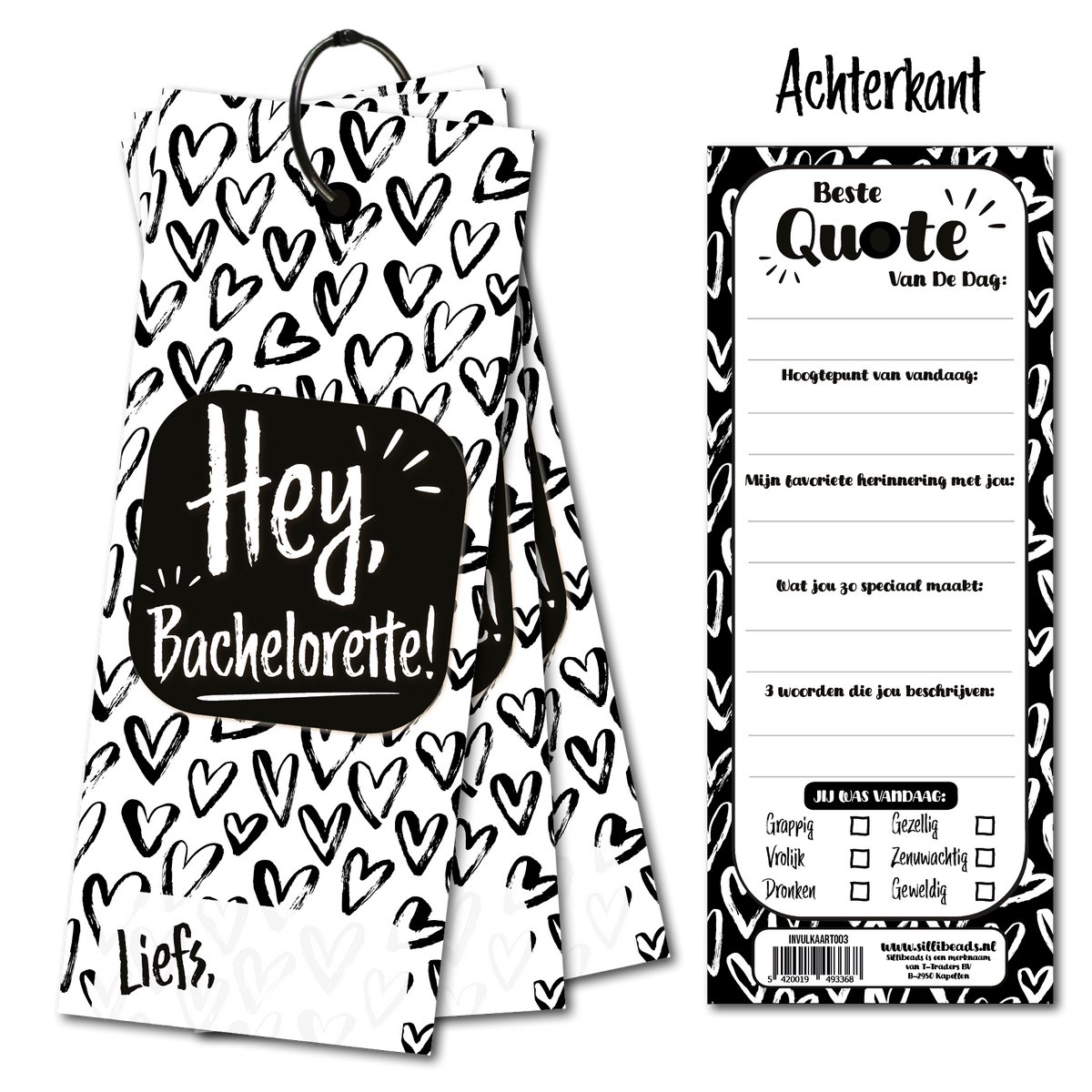 Invulkaart Hey Bachelorette - Invulkaarten set van 15 stuks - met sluitring - invulkaartjes om af te geven - Vrijgezelle - Zwart Wit
