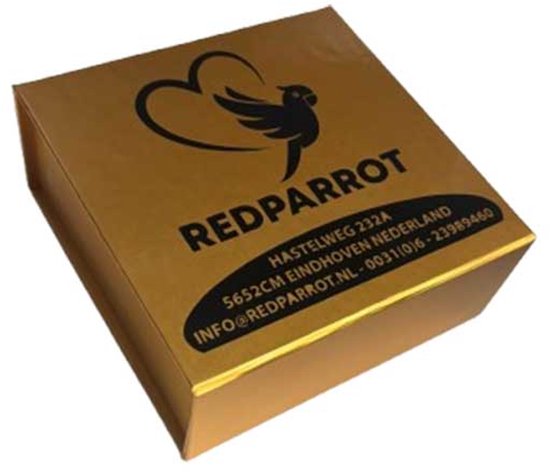 Gouden doos met het RedParrot logo, adres en contactgegevens.