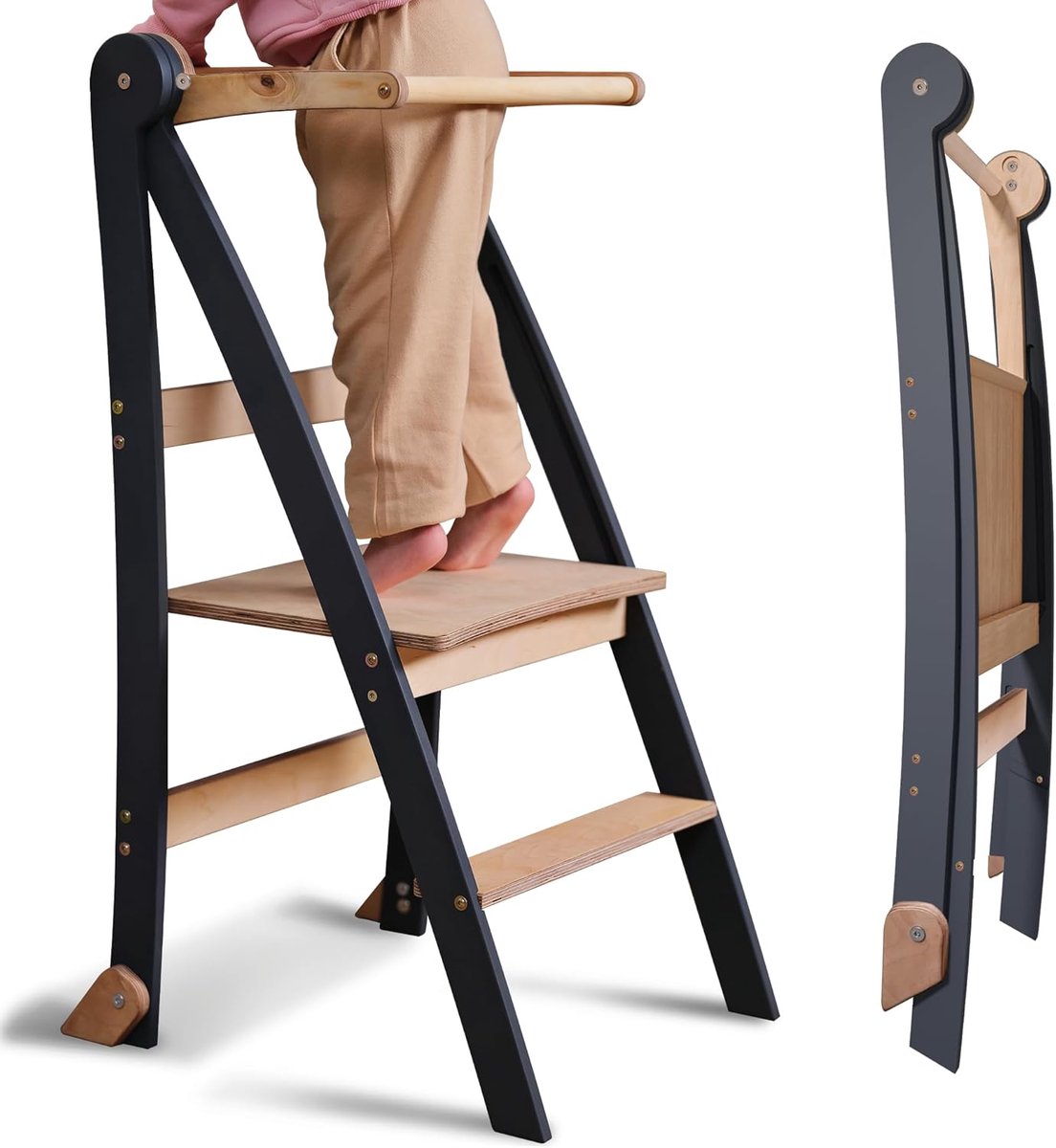 Ruimtebesparende houten leertoren voor kinderen - Opvouwbaar opstapje met anti-kantelbescherming